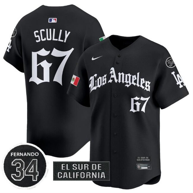 Men's Los Angeles Dodgers #67 Vin Scully Black Mexico 2025 LA Gothic Style With Fernando Patch Vapor Premier Limited Stitched Baseball Jersey Men's Los Angeles Dodgers #67 Vin Scully Black Mexico 2025 LA Gothic Style With Fernando Patch Vapor Premier Limited Stitched Baseball Jersey